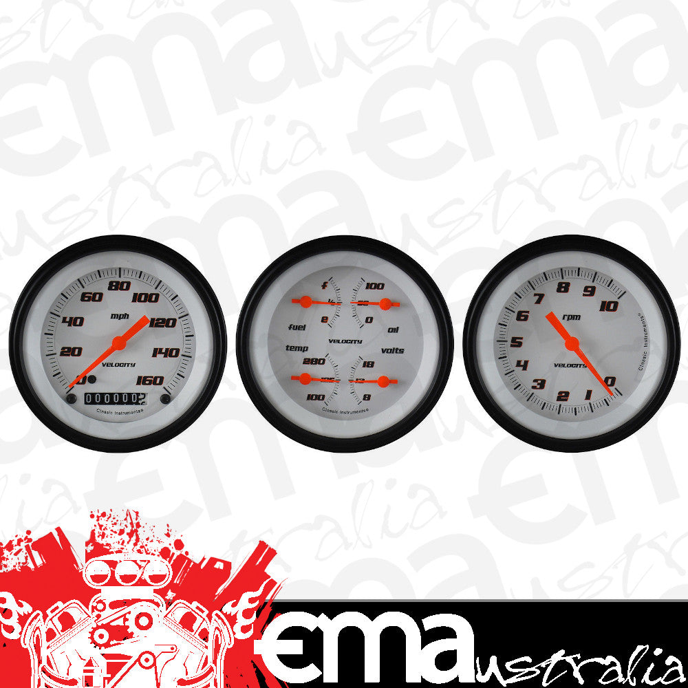 Classic Instruments VS03WBLF Velocity White - 3 Gauge Set 3-3/8" Speedo, Tach & Dual