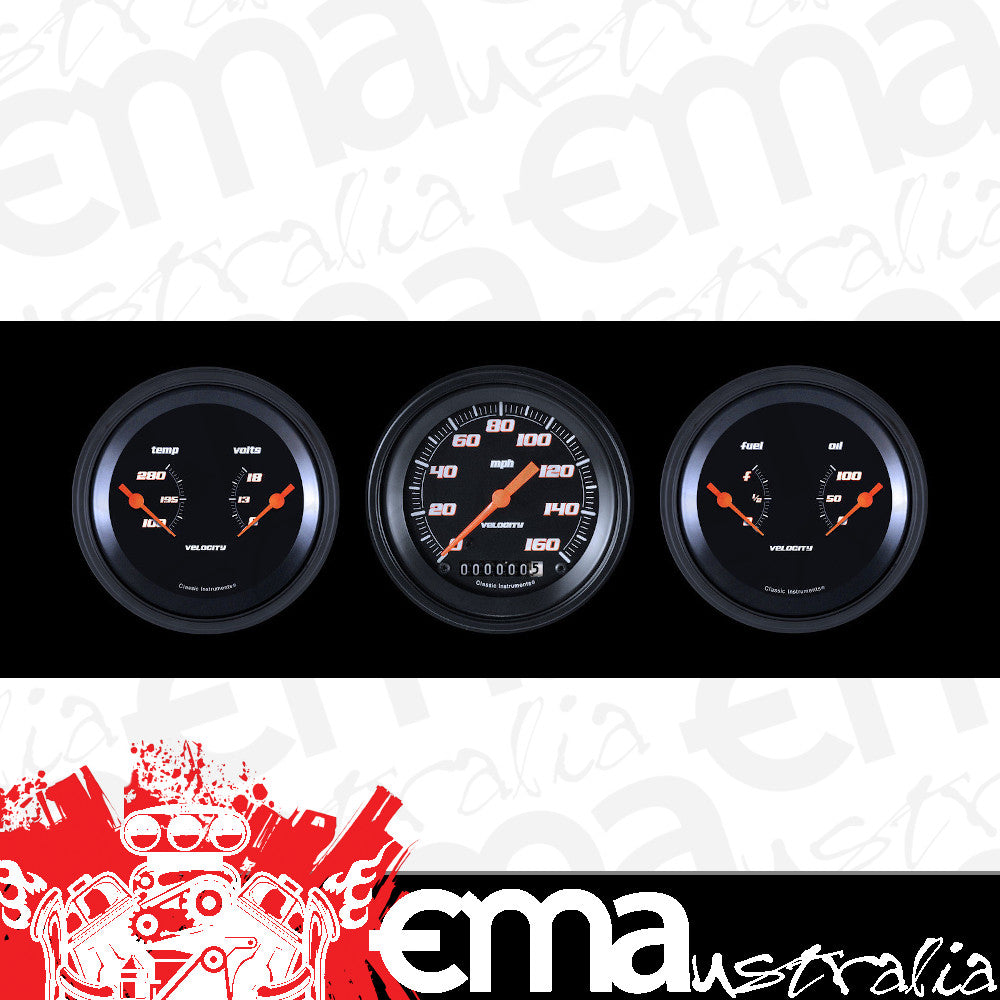 Classic Instruments VS04BBLF Velocity Black - 3 Gauge Set 3-3/8" Speedo & 2x Dual
