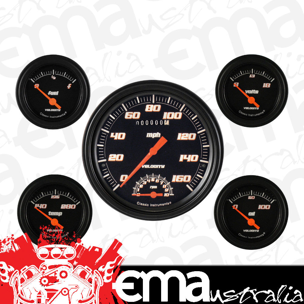 Classic Instruments VS65BBLF Velocity Black - 5 Gauge Set 4-5/8" Speedtachular & 2-1/8" Fuel, Oil, Temp, Volts