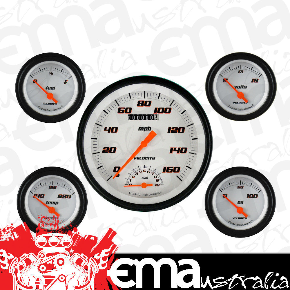 Classic Instruments VS65WBLF Velocity White - 5 Gauge Set 4-5/8" Speedtachular & 2-1/8" Fuel, Oil, Temp, Volts