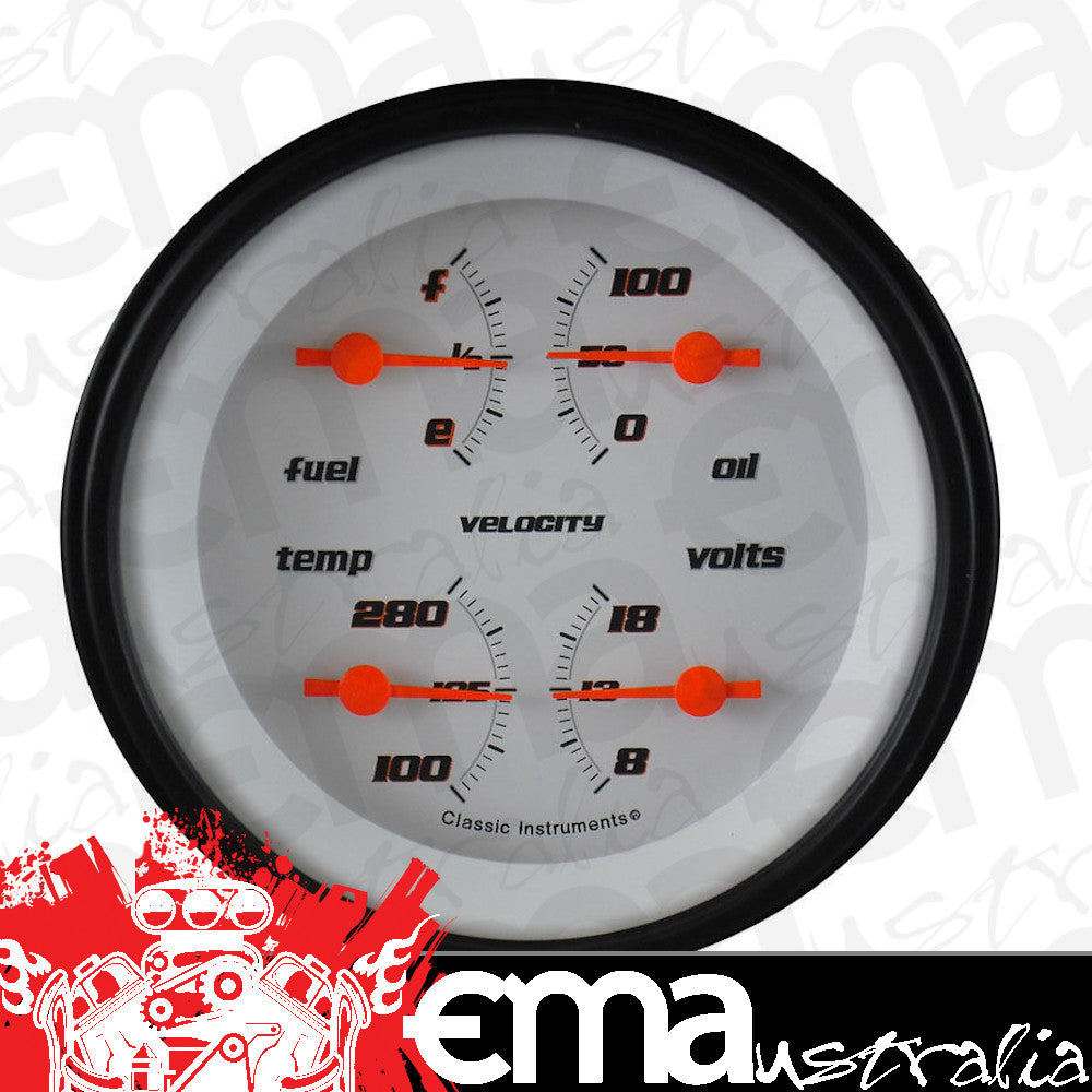 Classic Instruments VS79WBLF Velocity White w/ Black Bezel 3-3/8" Quad fuel 0