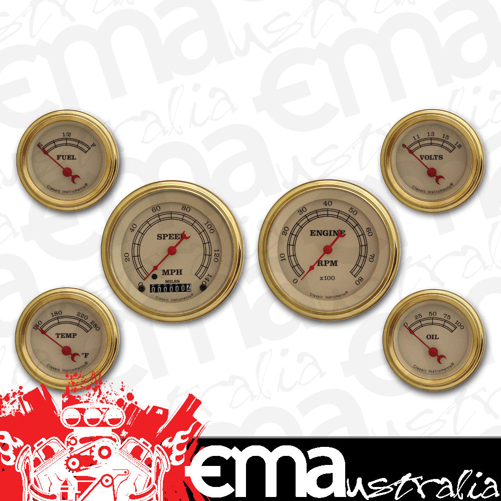 Classic Instruments VT01GLF Vintage - 6 Gauge Set 3-3/8" Speedo & Tacho, 2-1/18" Fuel, Oil, Temp, Volts