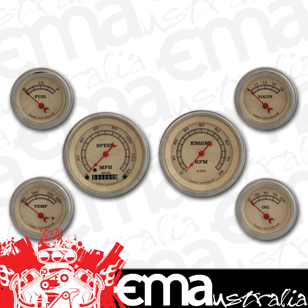 Classic Instruments VT01SLF Vintage - 6 Gauge Set 3-3/8" Speedo & Tacho, 2-1/18" Fuel, Oil, Temp, Volts
