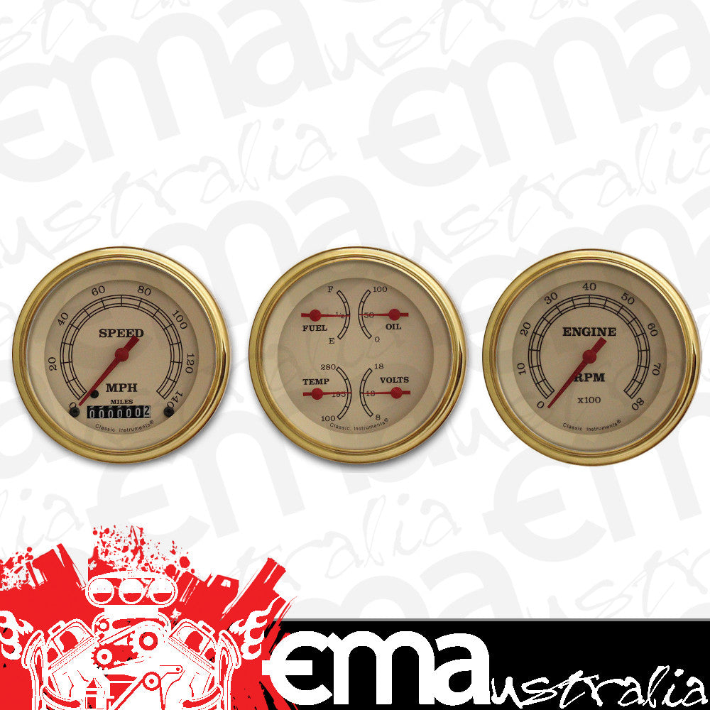 Classic Instruments VT03GLF Vintage - 3 Gauge Set 3-3/8" Speedo, Tach & Dual