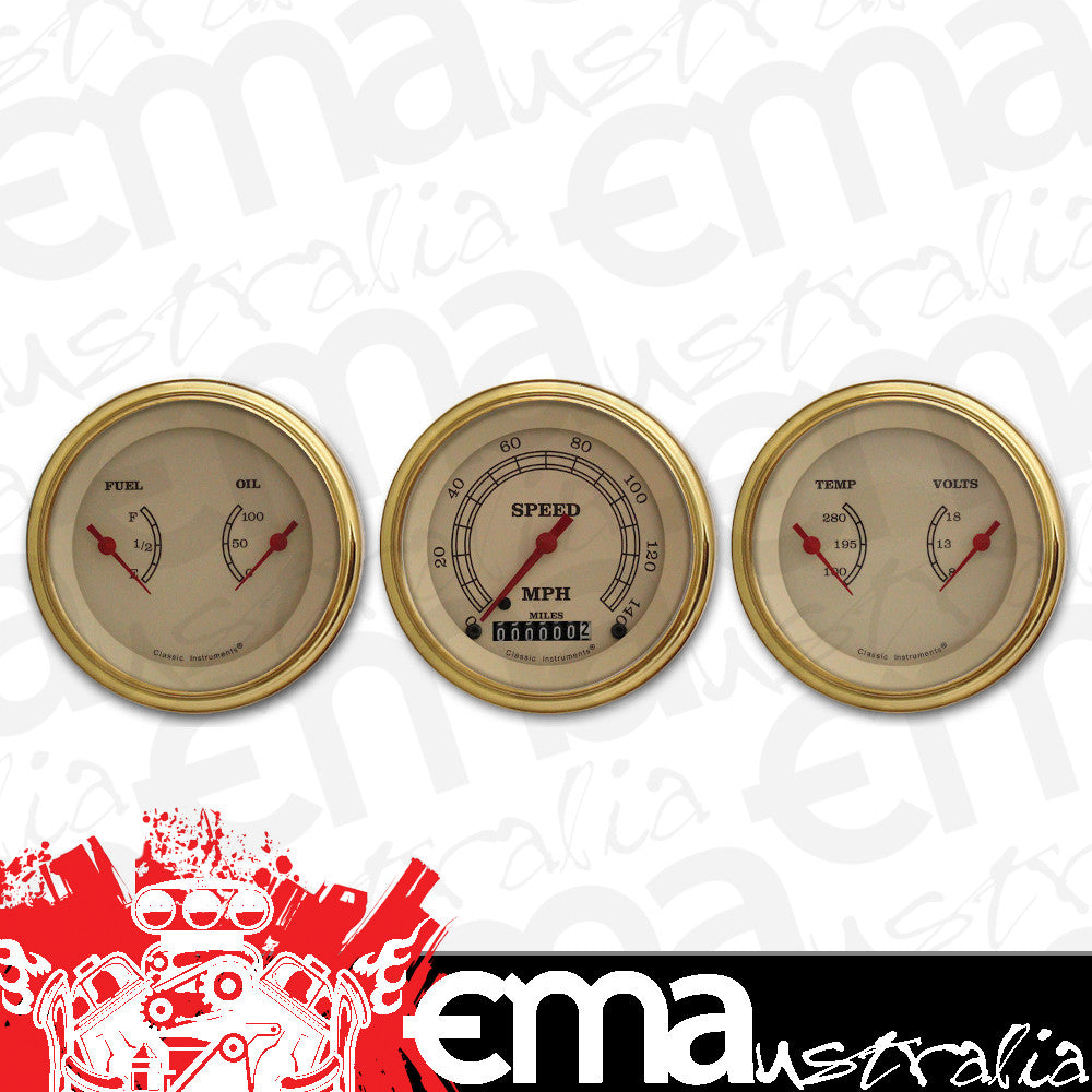 Classic Instruments VT04GLF Vintage - 3 Gauge Set 3-3/8" Speedo & 2x Dual