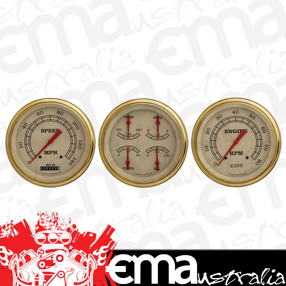 Classic Instruments VT53GLF Vintage Three Gauge Set w/ Gold Bezels