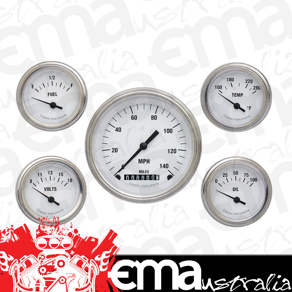 Classic Instruments | WH00SLF | White Hot - 5 Gauge Set 3-3/8" Speedo, 2-1/18" Fuel, Oil, Temp, Volts