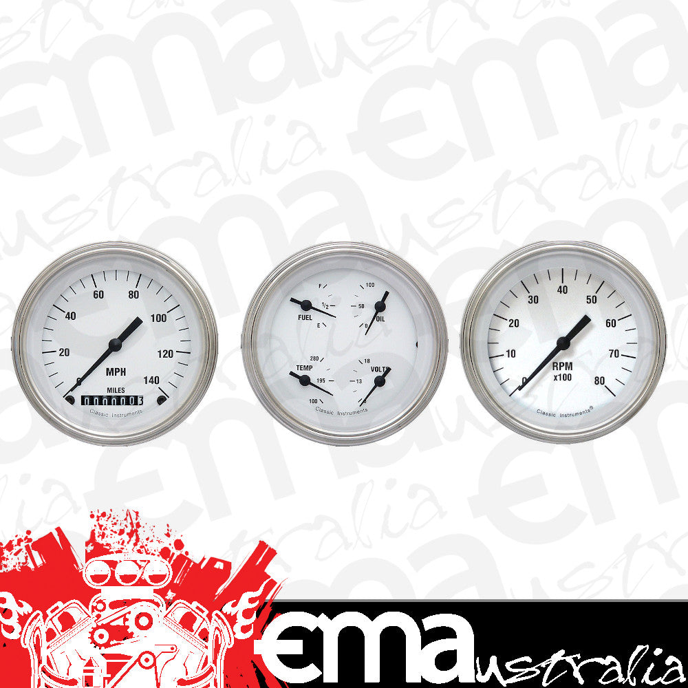 Classic Instruments WH03SLF White Hot - 3 Gauge Set 3-3/8" Speedo, Tach & Dual