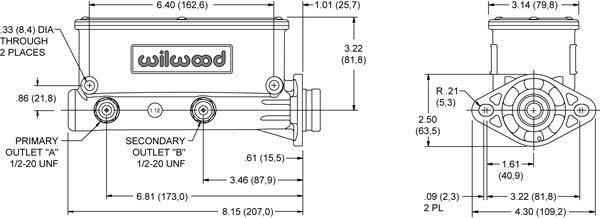 Wilwood WB260-8555-BK Tandem Chamber Master Cylinder 1" Bore Black