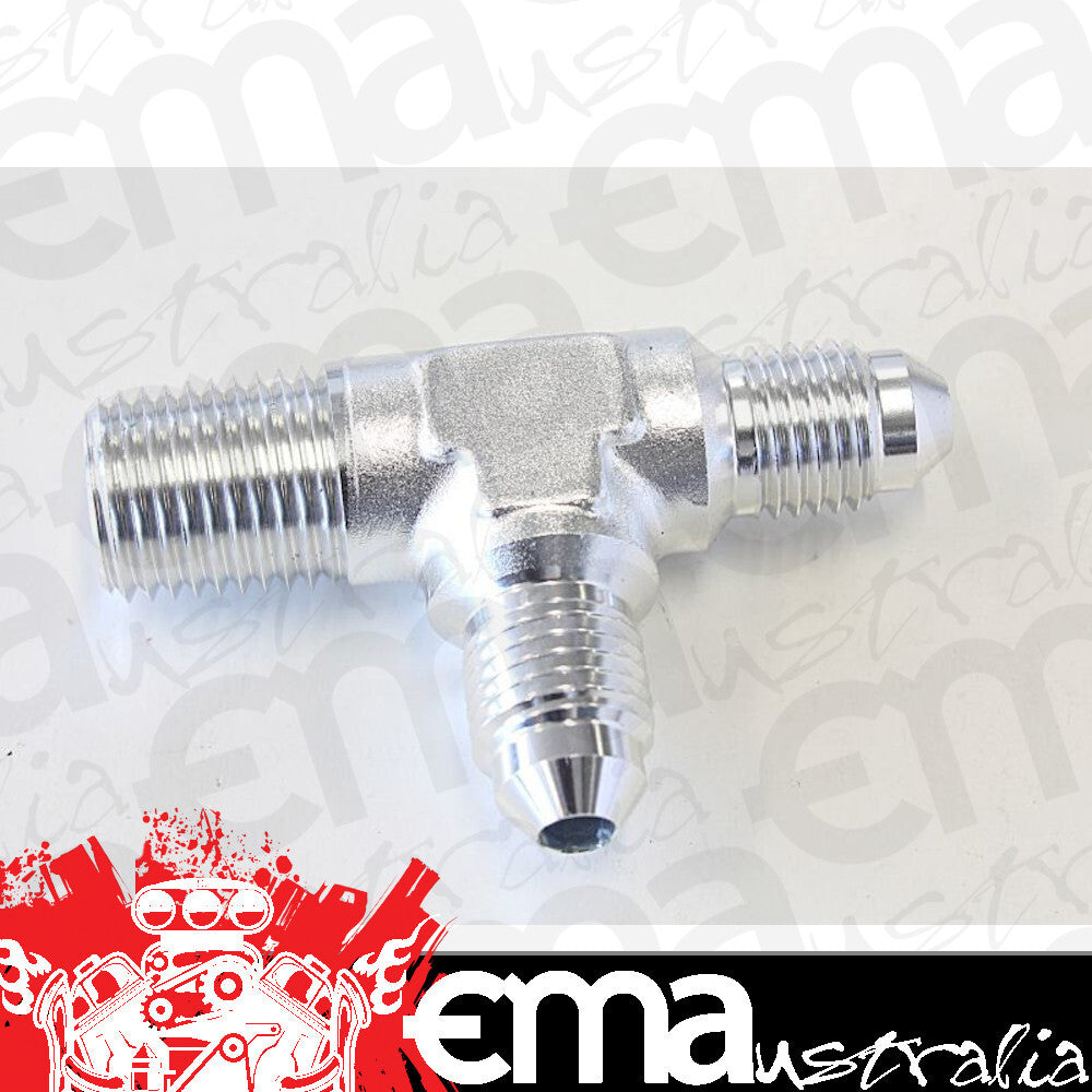 Aeroflow AF826-04-04S Tee -4AN with 1/4" NPT On Run Silver AN Tee with NPT On Run