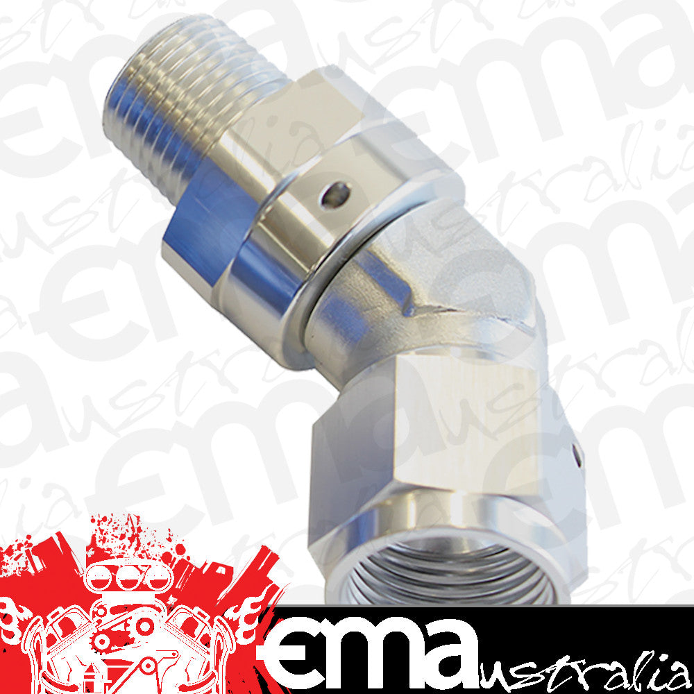 45ø NPT Swivel to Male AN Flare Adapter 3/8" to -10AN (Silver Finish) (AF919-10-06S)