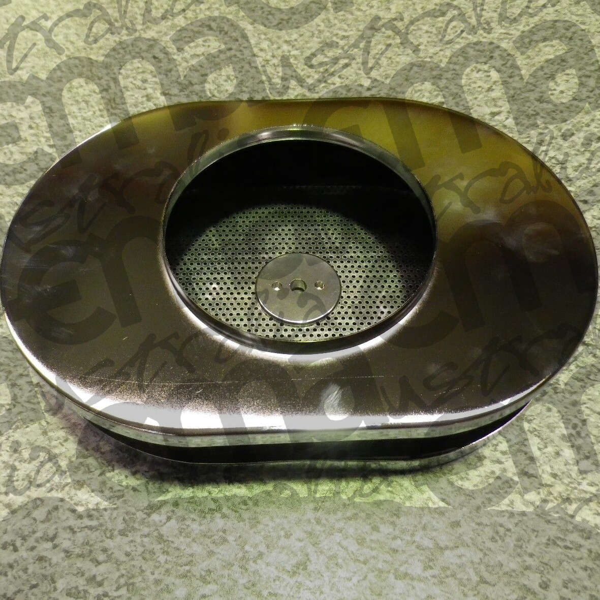 EMA-1457 | Supa Flow Air Cleaner Black & Chrome 12" x 2" Oval, 5 1/8" Hole Flat Base