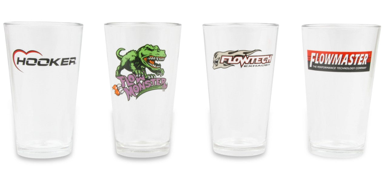 Holley HO36-471 16oz (473ml) Pub Glass Assortment - Hooker Headers, Flow Monster, Flowtech, and Flowmaster