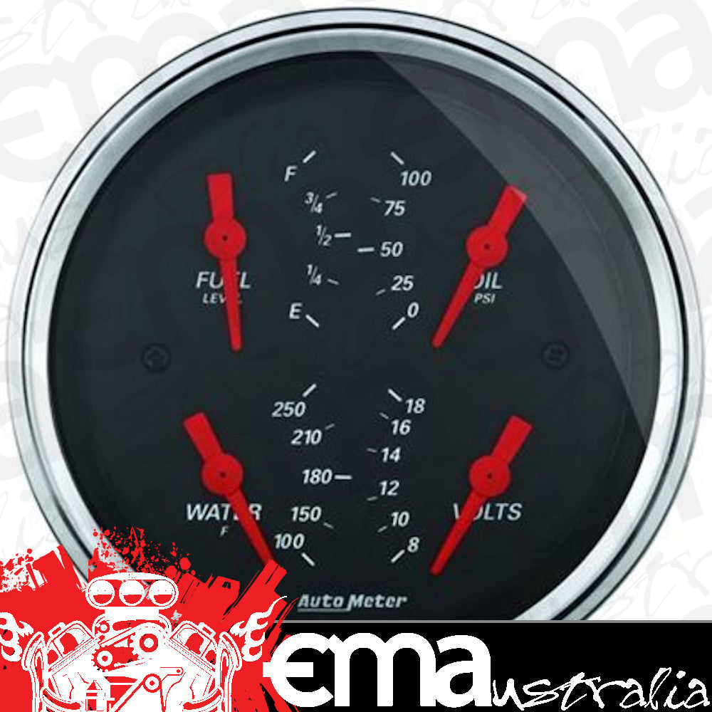 AutoMeter 1414 3-3/8" QUAD GAUGE, 100 PSI/100-250 F/8-18V/0-90 Ohm, DESIGNER BLACK