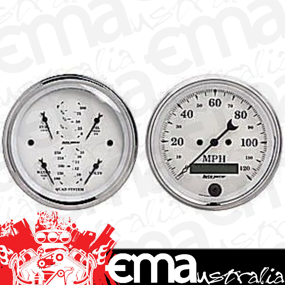 AutoMeter 1600 2 PC. GAUGE KIT, 3-3/8" QUAD & SPEEDOMETER, 240-33 Ohm, OLD TYME WHITE