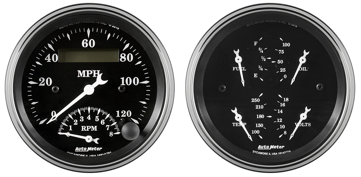 AutoMeter 1720 2 PC. GAUGE KIT, 3-3/8" QUAD & TACH/SPEEDO, 240-33 Ohm, OLD TYME BLACK