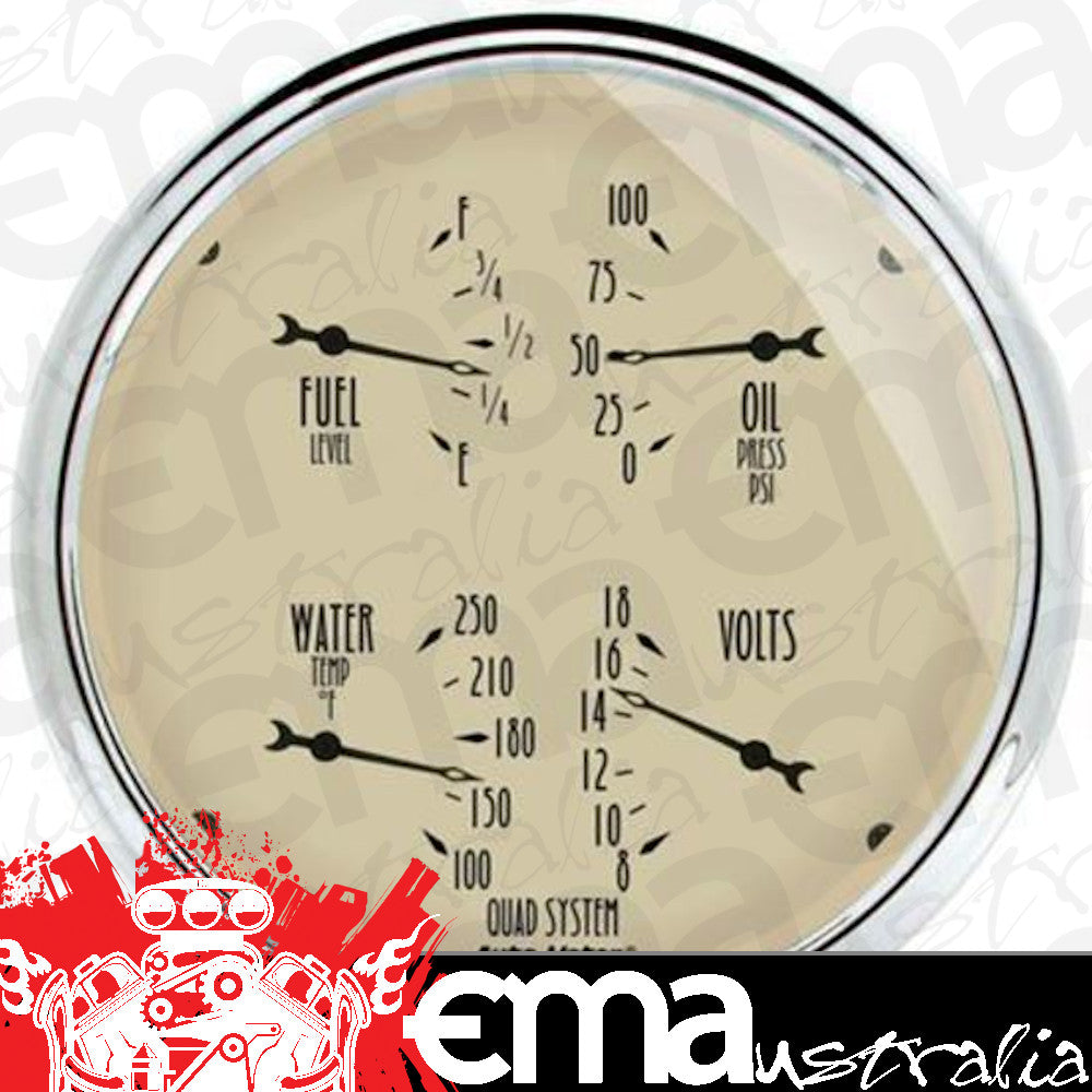 AutoMeter 1819 5" QUAD GAUGE, 100 PSI/100-250 F/8-18V/0-90 Ohm, ANTIQUE BEIGE
