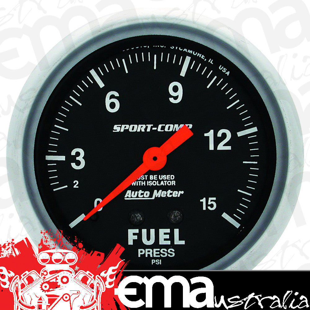 AutoMeter AU3413 Sport-Comp Fuel Pressure Gauge 0-15 PSI 2-5/8" Full Sweep Mech with Isolator