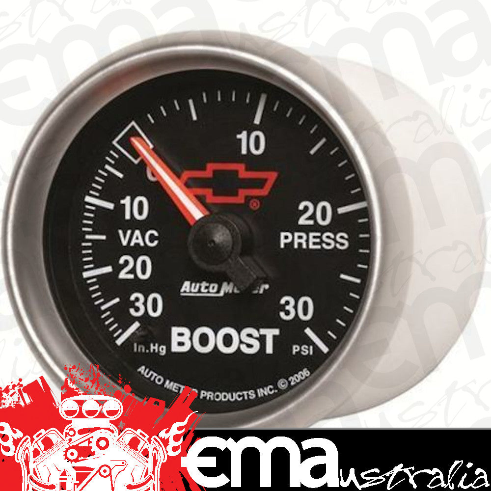AutoMeter 3603-00406 2-1/16" BOOST/VACUUM, 30 IN HG/30 PSI, CHEVY RED BOWTIE, BLACK