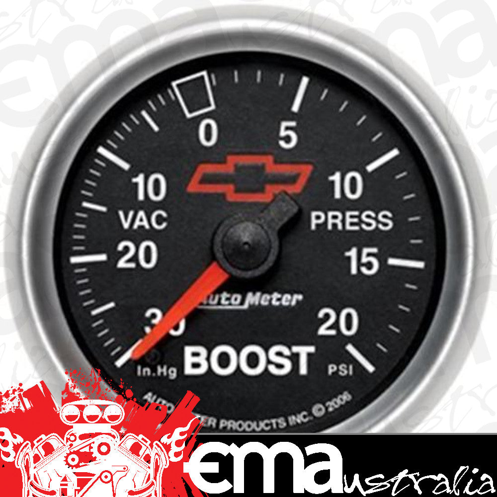AutoMeter 3607-00406 GAUGE, VAC/BOOST, 2 1/16", 30INHG-20PSI, MECHANICAL, CHEVY RED BOWTIE, BLACK
