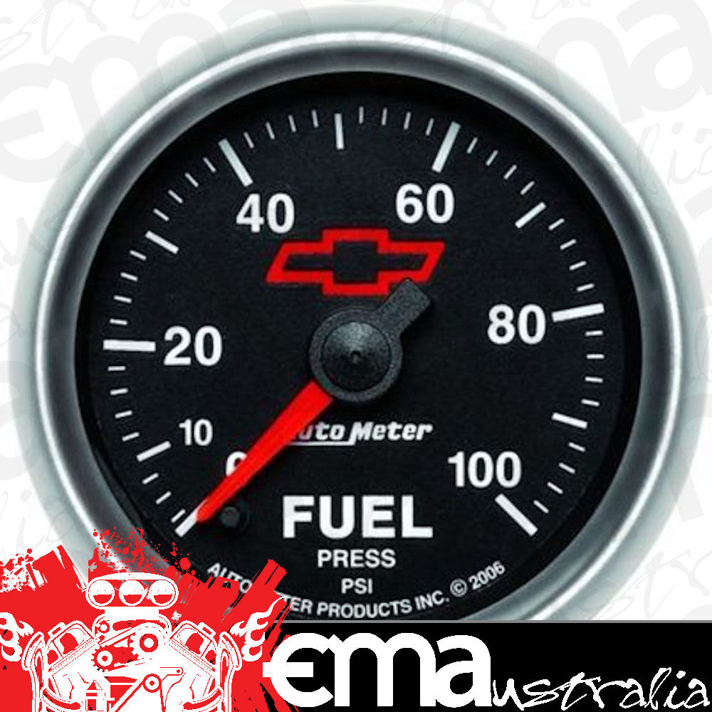 AutoMeter AU3663-00406 Chev Bow-Tie Fuel Pressure Gauge 2-1/16" Black Dial Full Sweep Elecal 0-100 PSI