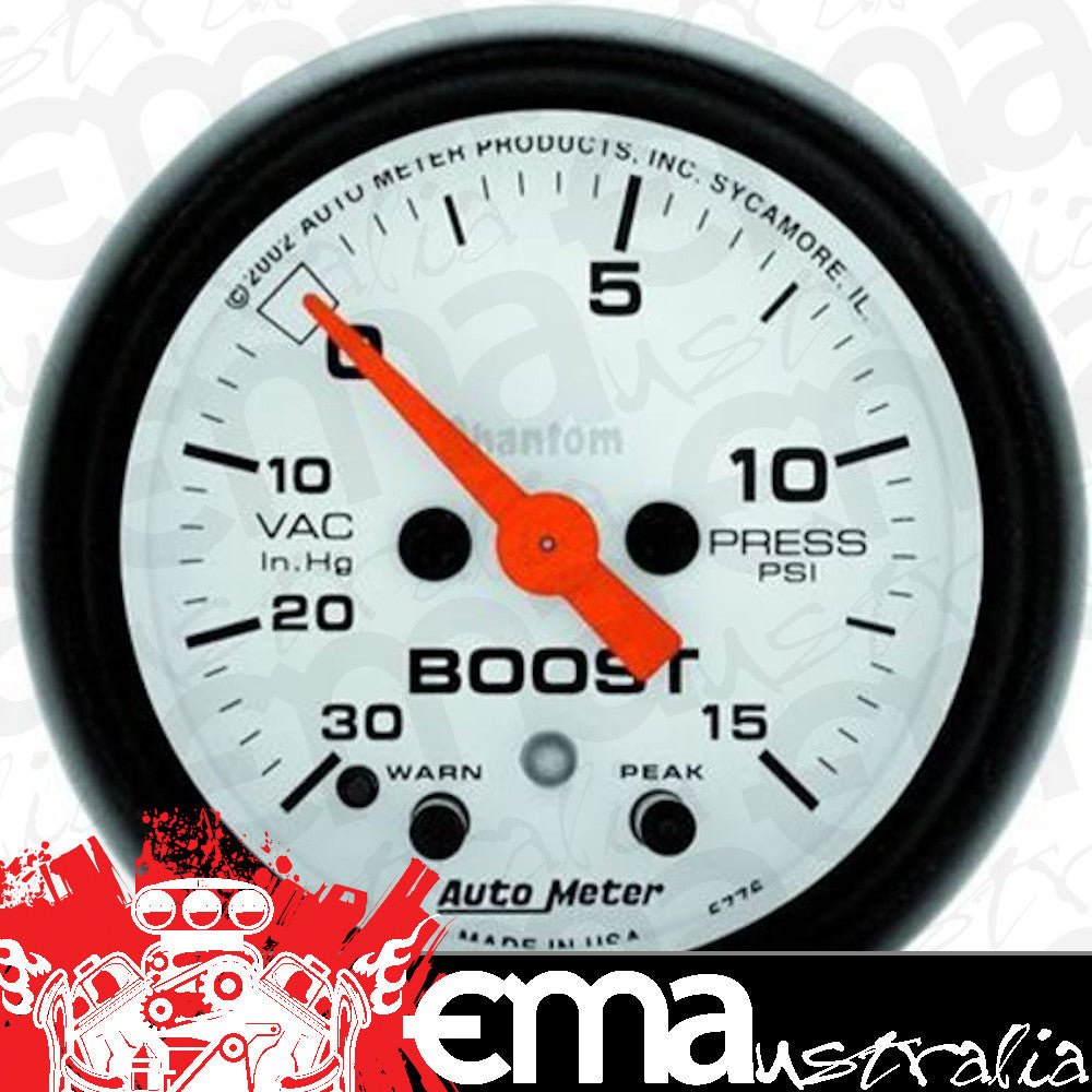 AutoMeter AU5776 Phantom Boost/Vacuum Gauge 2-1/16" Full Sweep Elec Peak Memory And Warning 30 In Hg./15 PSI