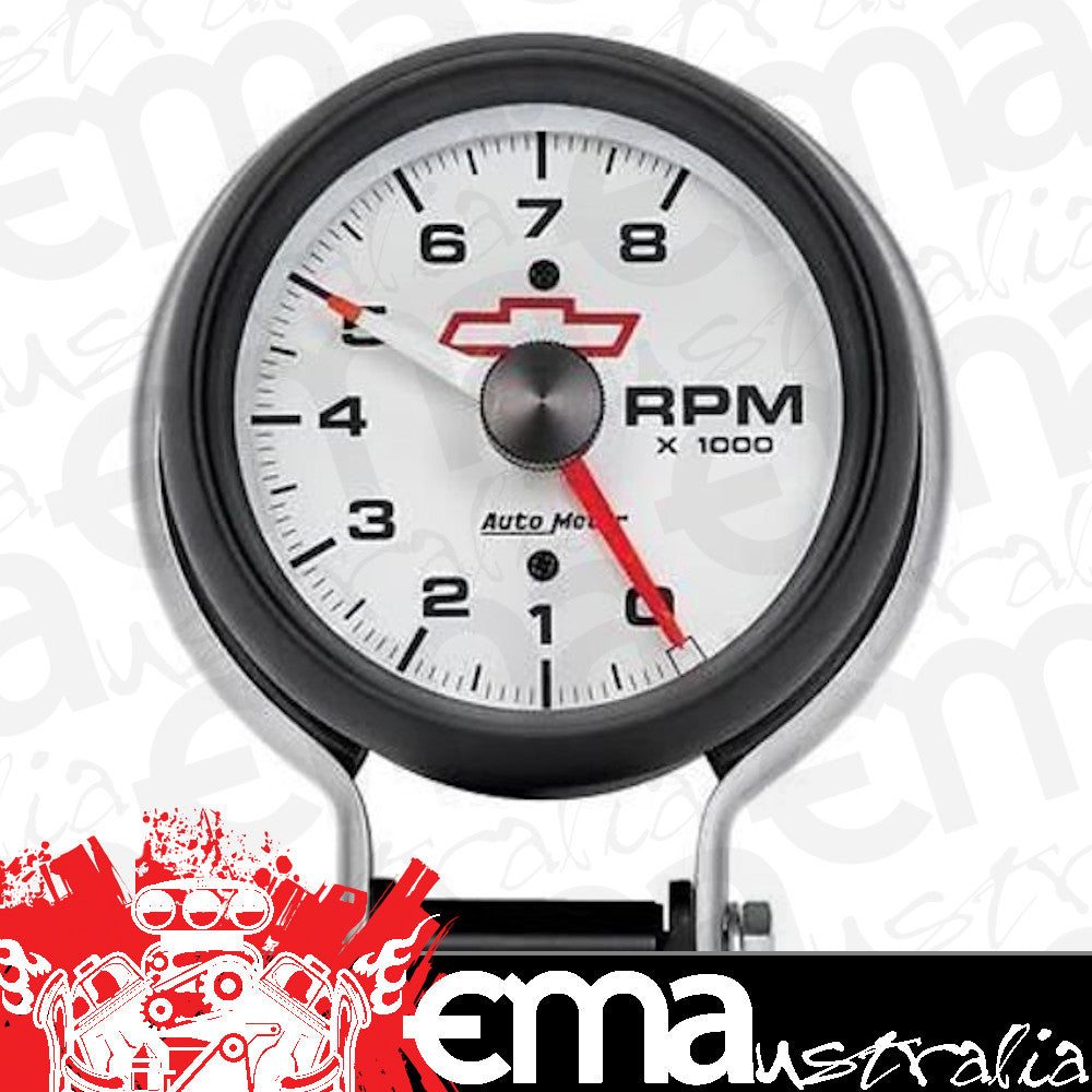 AutoMeter 5780-00406 GAUGE, TACHOMETER, 3 3/4", 8K RPM, PEDESTAL W/ RED LINE, CHEVY RED BOWTIE, WHITE