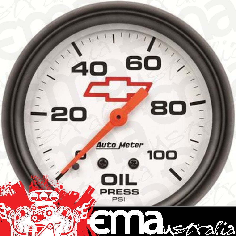 AutoMeter AU5821-00406 Chev Bow-Tie Oil Pressure Gauge 2-5/8" White Dial Full Sweep Mech 0-100 PSI