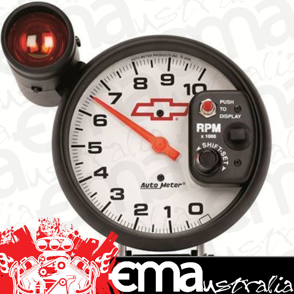 AutoMeter 5899-00406 GAUGE, TACH, 5", 10K RPM, PEDESTAL W/ EXT. SHIFT-LITE, CHEVY RED BOWTIE, WHITE