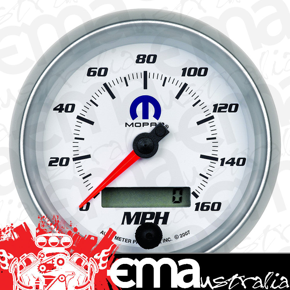 AutoMeter AU880036 Mopar Speedometer 3-3/8" White Dial/Silver Bezel In-Dash Programmable 0-160 MPH Lcd Tripmeter