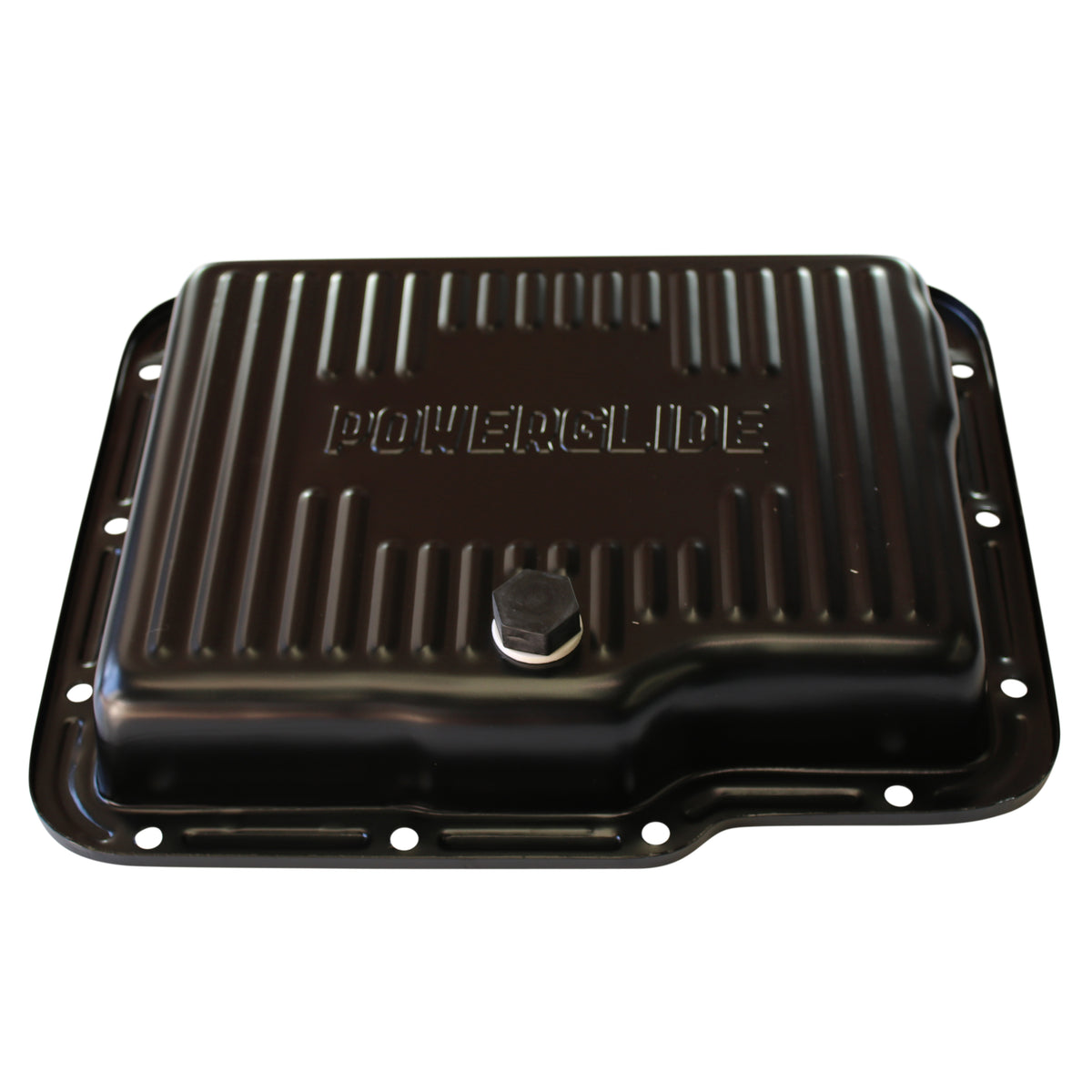 Transmission Pan GM Powerglide OEM 2" Depth Black Steel Finned with Drain Plug