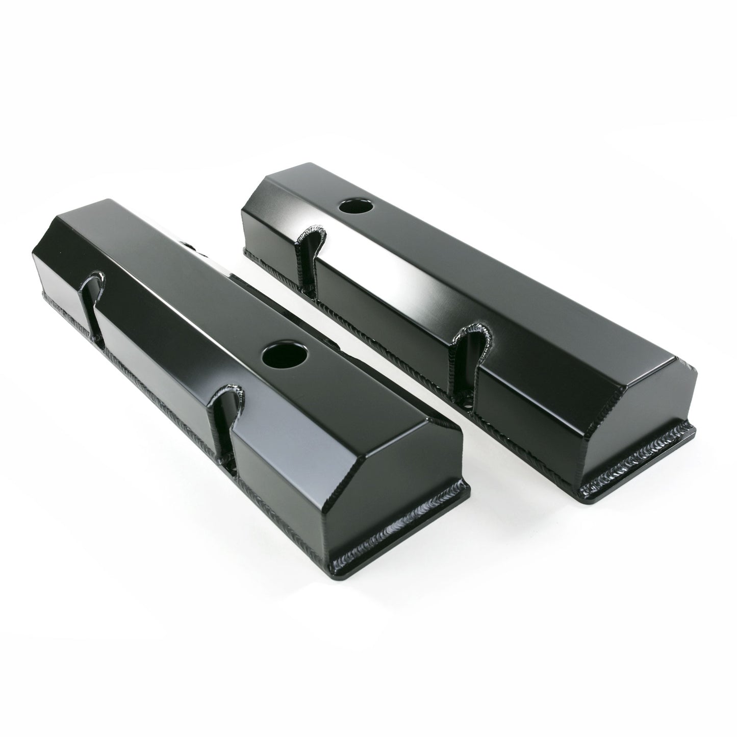 Valve Cover Chev SB 283-350 Tall Fabricated Black Aluminium Anodized with Rails