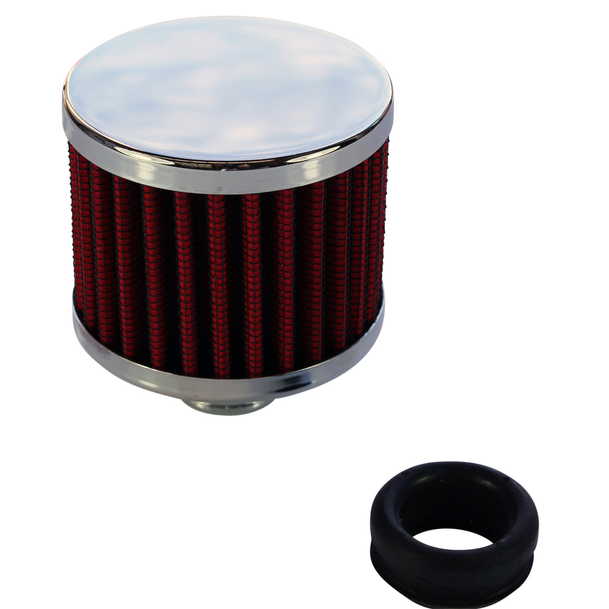 TFI Racing TFI-66-002 Valve Cover Breather Cap Push In 1"(25mm) Neck Chrome Red Element + Grommet