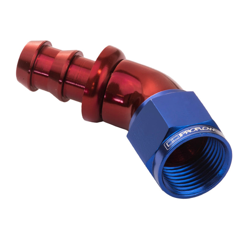 Proflow PFE512-06-05 45 Degree Fitting Hose End Full Flow 5/16in. Barb to Female -06AN Red/Blue