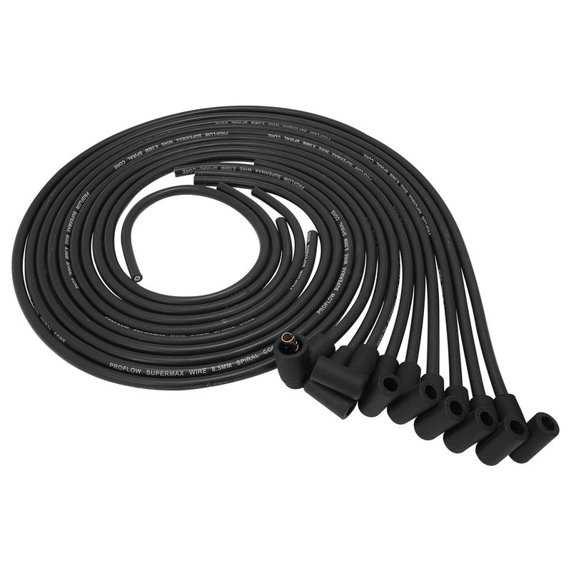 Proflow PFE-L85090BK SuperMax Wire Ignition Lead Kit 8.5mm Spiral Core Black 90 Deg Plug Hei & Socket Cap Universal V8 with Separator Set