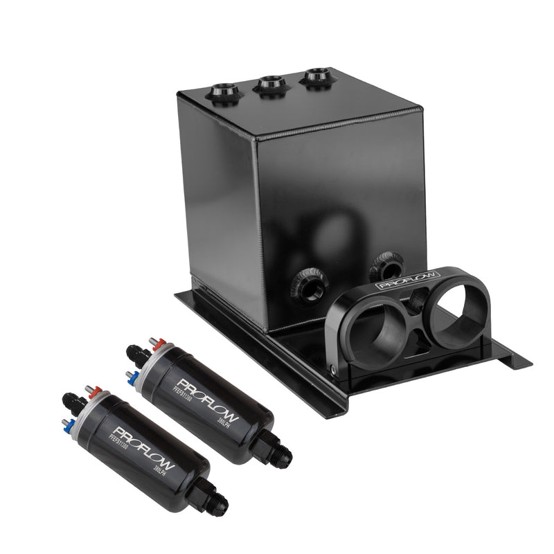 Proflow PFEST11BK Fuel Surge Tank & Pump Kit Fabricated Aluminium Square 2x 044 Pumps 200mm x 200mm x 180mm 5L Black Anodised