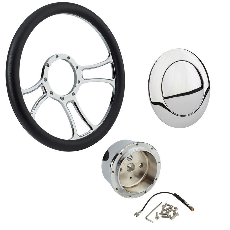 Proflow PFESTW-KIT3 Billet 3 Slot Curved Spoke Steering Wheel,14'' Chrome/Black Leather Universal Fit Steering Wheel ,Adaptor Horn Button 2 inch Dish Kit