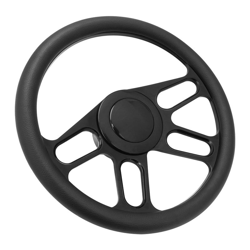 Proflow PFESTW-KIT4-BK Billet 4 Slot Steering Wheel,14'' Black Leather/Black Leather Universal Fit Steering Wheel ,Adaptor Horn Button 2 inch Dish Kit