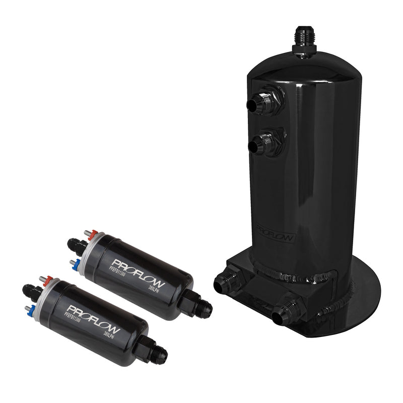 Proflow PFEST10BK Fuel Surge Tank & Pump Kit Fabricated Aluminium 254mm x 108mm 2.5L 2x 044 style pumps Black Anodised
