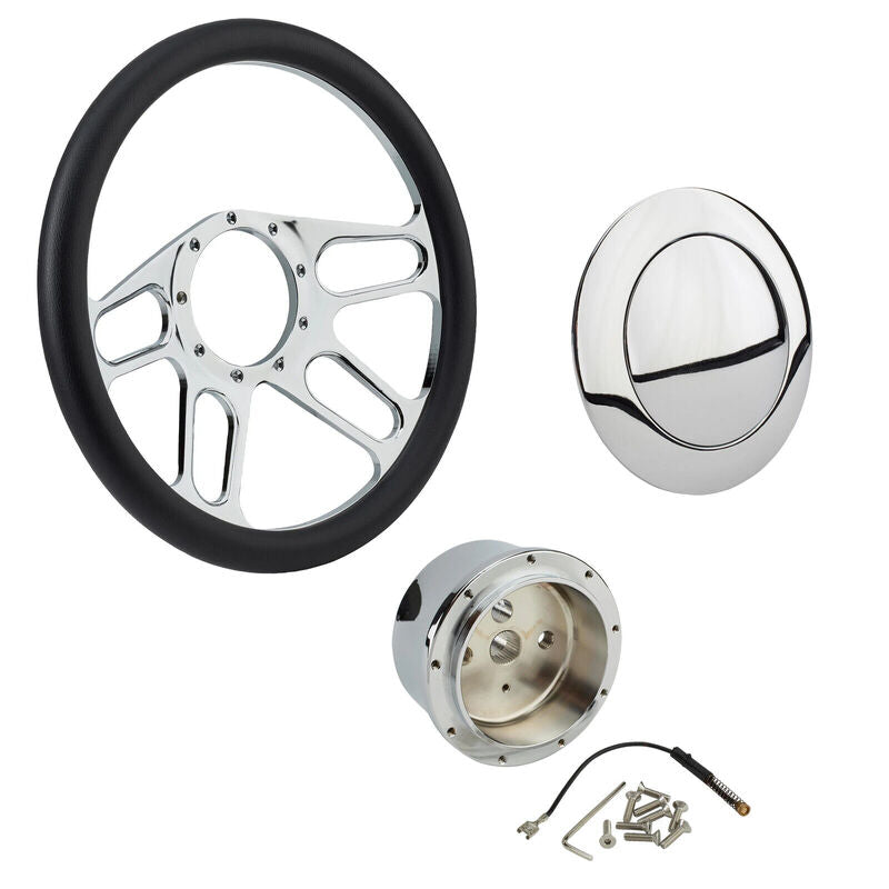 Proflow PFESTW-KIT4 Billet 4 Slot Steering Wheel,14'' Chrome/Black Leather Universal Fit Steering Wheel ,Adaptor Horn Button 2 inch Dish Kit
