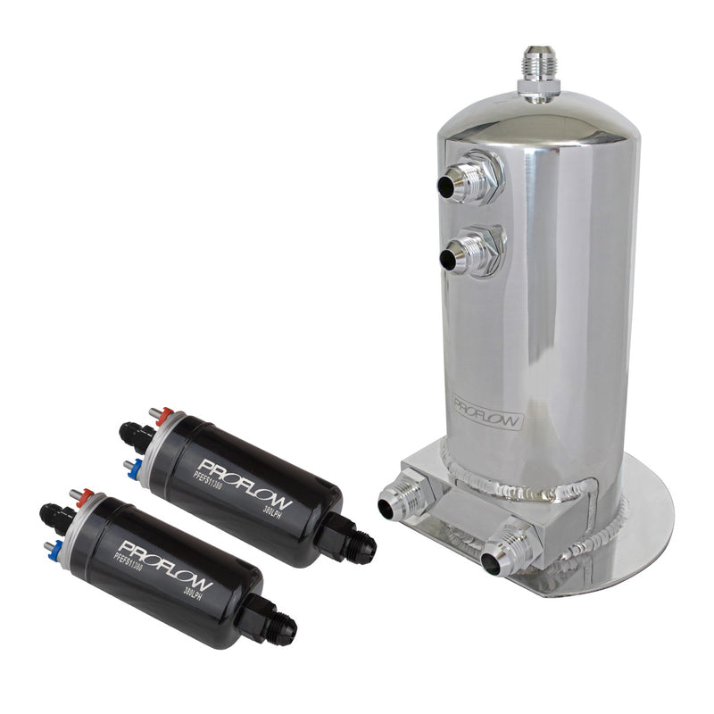 Proflow PFEST10 Fuel Surge Tank & Pump Kit Fabricated Aluminium 254mm x 108mm round 2.5L 2 x 044 style pumps and AN Fitting Kit Show Polished