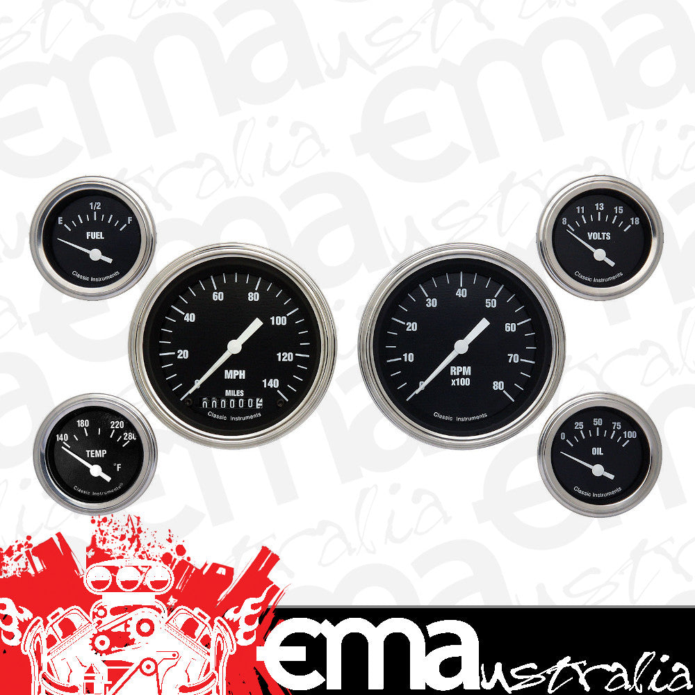 Classic Instruments CIHR01SLF Hot Rod - 6 Gauge Set 3-3/8" Speedo & Tacho, 2-1/18" Fuel, Oil, Temp, Volts