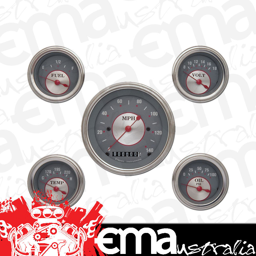 Classic Instruments | CISS00SLC | Silver - 5 Gauge Set 3-3/8" Speedo, 2-1/18" Fuel, Oil, Temp, Volts