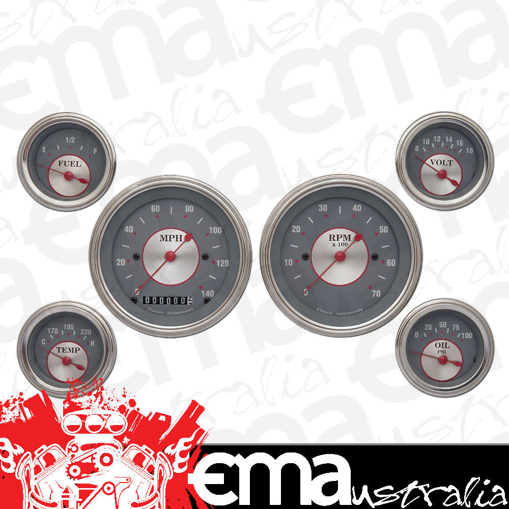 Classic Instruments CISS01SLF Silver - 6 Gauge Set 3-3/8" Speedo & Tacho, 2-1/18" Fuel, Oil, Temp, Volts