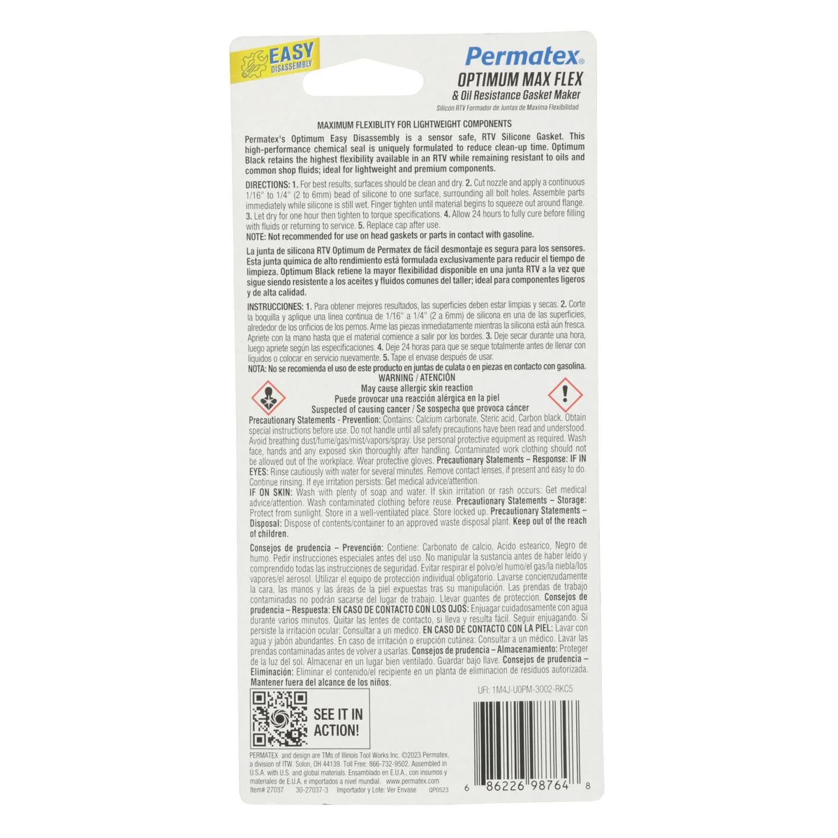 PTX-27037 Permatex Optimum Easy-Disassembly Black RTV Silicone Gasket Maker 85g - PX27037