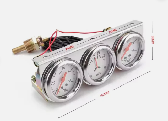 Engine Master Chrome Triple Gauge Panel Mechanical Gauges - Water, Amps & Oil Pressure