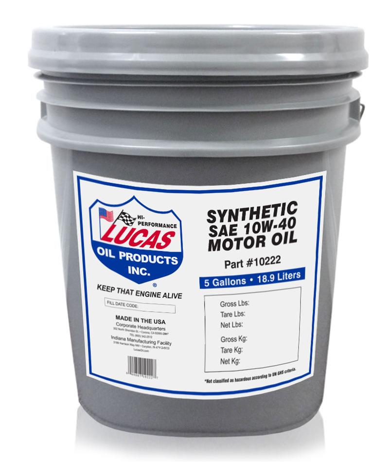 Lucas Oils LUS-10222 Synthetic SAE 10W-40 Motor Oil 5 Gallon Pail