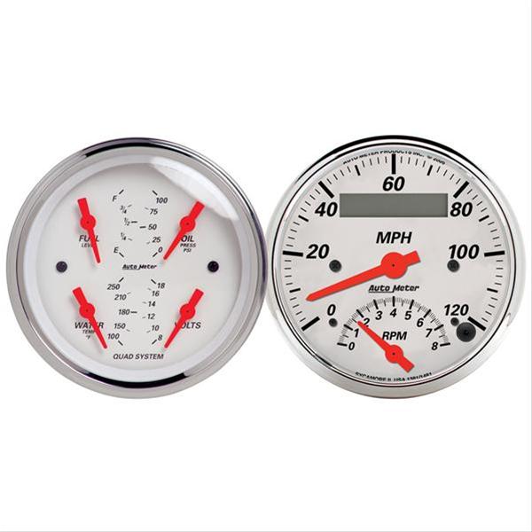 AutoMeter 1309 2 PC. GAUGE KIT, 3-3/8" QUAD & TACH/SPEEDO, 240-33 Ohm, ARCTIC WHITE