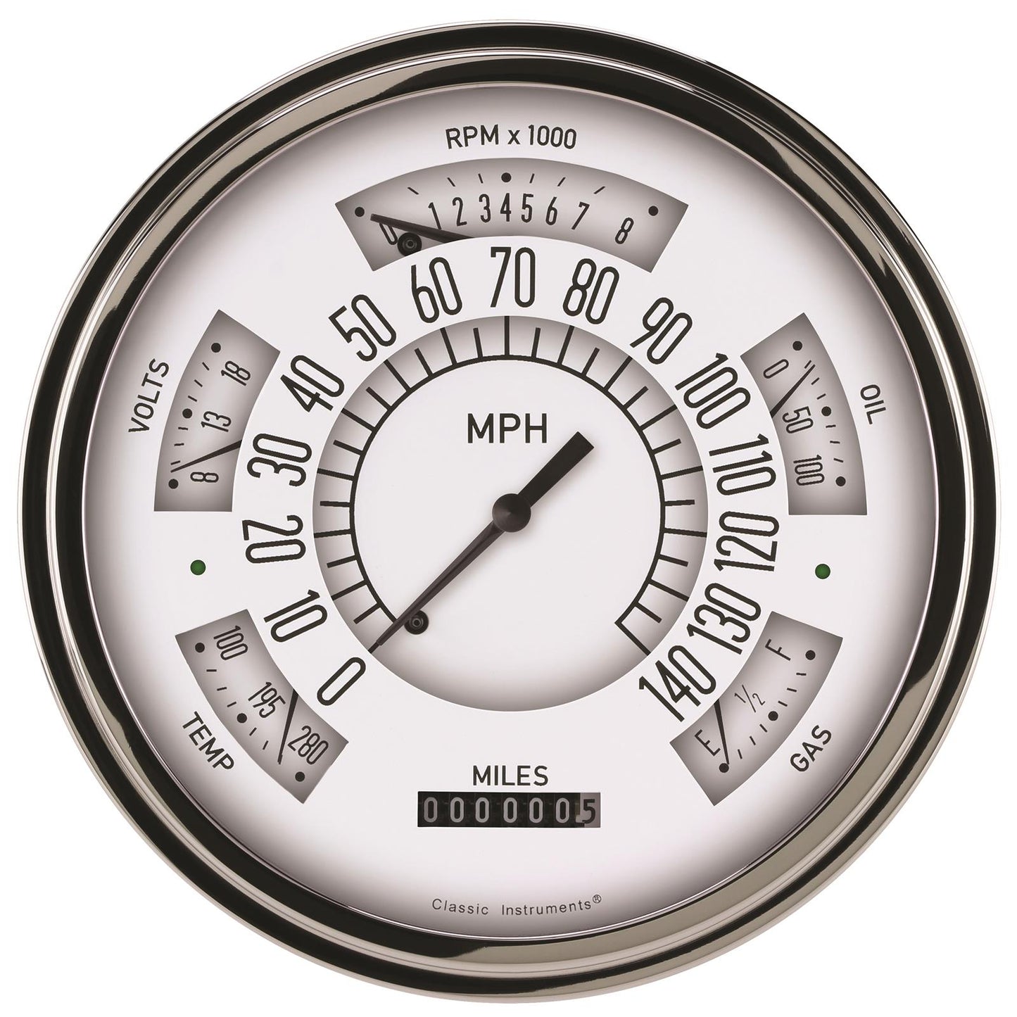Classic Instruments SX01WBLF White - 6 Gauge Set 3-3/8" Speedo & Tacho, 2-1/18" Fuel, Oil, Temp, Volts