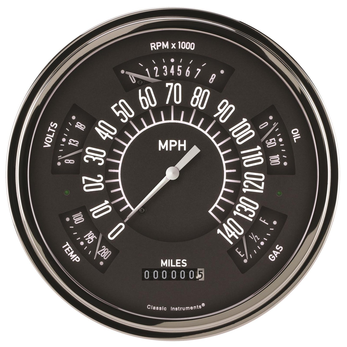 Classic Instruments | SX01BBLF | Black - 6 Gauge Set 3-3/8" Speedo & Tacho, 2-1/18" Fuel, Oil, Temp, Volts